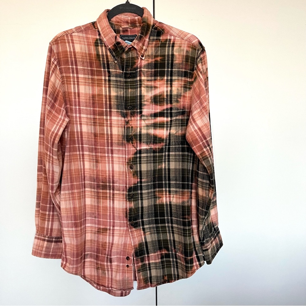 Saddlebred Bleached Shirt M  Pink Black Plaid Cotton Button Down Unisex Top